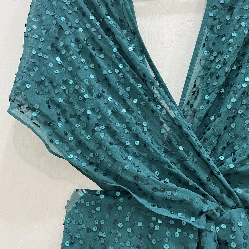 ASOS Sequin Mini Dress Women‎ Size 4 Teal Excellent Deep V-Neck Wrap Cocktail